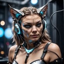closeup of a cyborg woman with cat ears , cabel and wires cyberpunk nightclub background, techno rave,, high quality photography, 3 point lighting, flash with softbox, 4k, Canon EOS R3, hdr, smooth, sharp focus, high resolution, award winning photo, 80mm, f2.8, bokeh