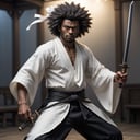 closeup of an afro samurai wearing his long black trousers and a  white loose  andwear out kimono he has giant afro hair and wears  an white bandana on his head the end a weaving in the air and on his left hip an samurai sword, high quality photography, 3 point lighting, flash with softbox, 4k, Canon EOS R3, hdr, smooth, sharp focus, high resolution, award winning photo, 80mm, f2.8, bokeh