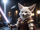 cinematic photo closeup of a cute white fennec fox with his light saber r, angry , fangs , paws, high quality photography, 3 point lighting, flash with softbox, 4k, Canon EOS R3, hdr, smooth, sharp focus, high resolution, award winning photo, 80mm, f2.8, bokeh . 35mm photograph, film, bokeh, professional, 4k, highly detailed, high quality photography, 3 point lighting, flash with softbox, 4k, Canon EOS R3, hdr, smooth, sharp focus, high resolution, award winning photo, 80mm, f2.8, bokeh