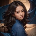 RAW photo,  portrait of a beautiful Asian brown hair woman wearing a blue shirt (high detailed skin:1.2),  8k uhd,  dslr,  soft lighting,  high quality,  film grain,  Fujifilm XT3,  ((((hands))), 
