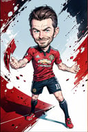 Masterpiece, best quality, 8k, caricature style, 1 Caricature figure of David Beckham, head, legs, feet, Manchester United uniform, Red Devils abstract background