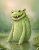 fluffy frog wlaking on a river, sunny day, candy cotton clouds, green,(potma style:1.05), detailed, ,