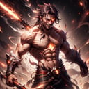 <lora:ExplosionMagic-20:0.8>, explosionmagic ,   smoke, glowing aura ,   excessive energy,   upper body, male ,barbarian, abs, holding spear ,enchanted spear , two-handed, scar on face, grin, (warrior:1.1) , muscular male,closed mouth,