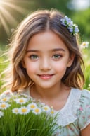 (best quality,4k,8k,highres,masterpiece:1.2),ultra-detailed,(realistic,photorealistic,photo-realistic:1.37),beautiful detailed eyes,beautiful detailed lips,extremely detailed eyes and face,longeyelashes,little girl,cute girl,cute smile,outdoor,illustration,pastel colors,soft lighting,happy expression,green garden,flowers,grass, sunshine