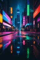 a vibrant cityscape with neon lights and a cinematic atmosphere,(best quality,4k,8k,highres,masterpiece:1.2),ultra-detailed,(realistic,photorealistic,photo-realistic:1.37),HDR,UHD,studio lighting,ultra-fine painting,sharp focus,physically-based rendering,extreme detail description,professional,vivid colors,bokeh,landscape,nighttime,reflective surfaces,glowing signs,bustling streets,people walking,tall skyscrapers,city skyline,traffic lights,light trails,moody atmosphere,contrast of light and shadow,urban energy,modern architecture,an abundance of colors and textures,streets filled with life,ambient sounds,hidden alleyways,steam rising from manholes,the city never sleeps