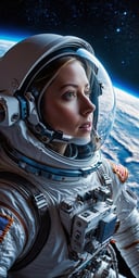 (best quality,4k,8k,highres,masterpiece:1.2),ultra-detailed,(realistic,photorealistic,photo-realistic:1.37),female astronaut,futuristic spacesuit,astronaut helmet,exploration spaceship,grandiose cinematic,outer space backdrop,vivid colors,studio lighting,sharp focus,physically-based rendering,detailed technology equipment,huge glass dome,technological advancements,high-tech control panels,zero-gravity environment,awe-inspiring view of Earth,floating astronaut,star-studded background,cosmic rays,interstellar journey,otherworldly experience,serene and majestic,adventurous and courageous,brilliant vision of the future,lunar exploration,galactic expedition,stellar discovery,ethereal colors,sublime beauty,humanity's triumphant spirit,endless possibilities,luminous celestial bodies,spectacular celestial landscape,inspiring and empowering.