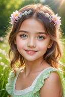 (best quality,4k,8k,highres,masterpiece:1.2),ultra-detailed,(realistic,photorealistic,photo-realistic:1.37),beautiful detailed eyes,beautiful detailed lips,extremely detailed eyes and face,longeyelashes,little girl,cute girl,cute smile,outdoor,illustration,pastel colors,soft lighting,happy expression,green garden,flowers,grass, sunshine
