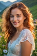 (best quality,8k,highres,masterpiece:1.2),photorealistic,ultra-detailed,vibrant photography of a woman in nature, cute smile,dramatic lighting,finely detailed beautiful eyes,fine detailed skin,Natural scenery,majestic landscape,colorful flowers,distant mountains,flowing rivers,melting sunset,serene atmosphere,dazzling sunlight,blissful vibes,freckled face,luscious greenery,soft breeze,ethereal beauty