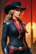 (Create an extraordinary 3D rendering) of a ((female gunslinger)) donned in a captivating mix of ((red and black cowboy outfit)) with a matching hat. The gunslinger should be captured in a ((mid-body portrait)) walking the dusty roads of ((Dodge City)). Utilize a ((dim volumetric lighting)) to add cinematic ambiance,  emphasizing the ((intricate details)) of the outfit. Render in ((8K Octane)),  showcasing the epic composition inspired by the styles of ((Artgerm)),  ((Greg Rutkowski)),  and ((Alphonse Mucha)). Apply post-processing techniques for an oil-paint effect,  creating a ((stunning masterpiece)) with extremely ((hyper-detailed)) features. Ensure the final image is perfect for trending on ((ArtStation)),<lora:EMS-74104-EMS:0.800000>