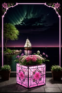 Witness the grandeur of a square box made of glass, pink purple and green plants are inside the box, water and a small ship is also inside the box, box is placed on a rock, trees and flowers, clouds on the sky, intricate details, hyperrealistic photography, 8k, neon lights, nighttime, ultra dark theme