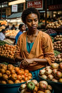 market scene, style of saturated color and luminous hues. diversity and vibrancy of the market, with different products, (pale people)  Use colorism as a theme,  Use light ((orange and blue)) . The photo should have a luminous studio portrait quality, with(( sharp focus and lighting)), chromaticity. light leaks. 
,blurry_light_background
