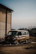 postapocalypse, photo of wrecked old van, natural lighting, 8k uhd, high quality, film grain, Fujifilm XT3