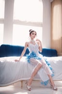 masterpiece,(best quality:1.4),ultra-detailed,1 girl,22yo,bun_hair, wear daily blue elegant outfit,,high resolution,genuine emotion,wonder beauty, Enhance, white lighting and bright colors effects.,wonder beauty 