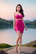 ((Full-Body Shot)), long shot scenic professional photograph in corporate style. 1female hot model, wearing ((green-pink elegant and sexy clothes)), full detail, perfect viewpoint, highly detailed, wide-angle lens, hyper realistic, with dramatic sky, polarizing filter, natural lighting, vivid colors, early morning sunlight, everything in sharp focus, HDR, UHD, 64K,wonder beauty ,Young beauty spirit 
