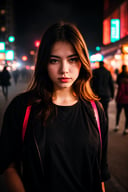 city street, neon, fog, volumetric, closeup portrait photo of young woman in dark clothes, 

