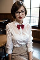 A photo of a young, nerdy woman sitting in a caf, wearing a white shirt and a bow, surrounded by a cozy atmosphere, looking at the viewer. short hair, slender, red lips, transparent fabric, flirting with the camera