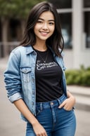 photograph of jg-jc0n, an effortlessly beautiful girl next door wearing a plain tshirt and jacket, (happy excited smile), jeans, photoreal, hyperrealism, best quality, (natural skin texture, highly detailed face), masterpiece, sharp focus, absurdres, by arny freytag