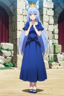 <lora:0017TOVfairyqueen:1>,fairyqueen,solo,looking_at_viewer,blue long dress,crown,