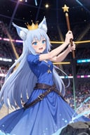 <lora:0017TOVfairyqueen:1>,fairyqueen,blue long dress,crown,wand,fighting_stance,solo,