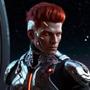 chrometech aesthetics,  scifi chrometech scholar male with a styled red hair,  glowing eyes,  at night,  from a scifi futuristic chrometech world,  sucface imperfections,  glowing parts,  ((best quality)),  ((masterpiece)),  ((realistic,  digital art)),  (hyper detailed),  raytracing,  volumetric lighting,  Backlit,  Rim Lighting,  HDR,  styled form,  upper body, <lora:EMS-75928-EMS:0.900000>