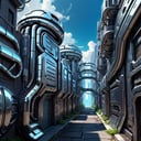 chrometech aesthetics,  scifi chrometech,  city winding alley,  summer sky,  from a scifi futuristic chrometech world,  sucface imperfections,  glowing parts,  ((best quality)),  ((masterpiece)),  ((realistic,  digital art)),  (hyper detailed),  raytracing,  volumetric lighting,  Backlit,  Rim Lighting,  HDR,  styled form,    , <lora:EMS-75928-EMS:0.900000>