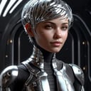 chrometech aesthetics,  scifi chrometech scholar female with a pixie cut,  glowing eyes,  light smile,  closed mouth,  from a scifi futuristic chrometech world,  sucface imperfections,  glowing parts,  ((best quality)),  ((masterpiece)),  ((realistic,  digital art)),  (hyper detailed),  raytracing,  volumetric lighting,  Backlit,  Rim Lighting,  HDR,  styled form,  natural pale skin,  upper body, <lora:EMS-75928-EMS:0.900000>