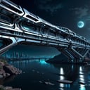 chrometech aesthetics,  scifi chrometech city bridge over a river,  at night,  from a scifi futuristic chrometech world,  sucface imperfections,  glowing parts,  ((best quality)),  ((masterpiece)),  ((realistic,  digital art)),  (hyper detailed),  raytracing,  volumetric lighting,  Backlit,  Rim Lighting,  HDR,  styled form,    , <lora:EMS-75928-EMS:0.900000>