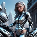 chrometech aesthetics,  scifi chrometech woman leaning on motobike,  cityscape at a distance,  glowing parts,  from a scifi futuristic chrometech world,  sucface imperfections,  glowing parts,  ((best quality)),  ((masterpiece)),  ((realistic,  digital art)),  (hyper detailed),  raytracing,  volumetric lighting,  Backlit,  Rim Lighting,  HDR,  styled form,  soft pale skin,  flowing silver hair,  , <lora:EMS-75928-EMS:0.900000>