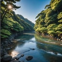 a ((fragmented)) artwork of of a beautiful  still of an japanese river, high quality photography, 3 point lighting, flash with softbox, 4k, Canon EOS R3, hdr, smooth, sharp focus, high resolution, award winning photo, 80mm, f2.8, bokeh