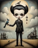 Film noir style <lora:FF-Style-ESAO-Andrews-LoRA:1> in the style of esao andrews,esao andrews style,esao andrews art,esao andrewsa cartoon man with a bird in his hand, mark ryden style, mark ryden highly detailed, mark ryden in the style of, style of mark ryden, benjamin lacombe, beeple and jeremiah ketner, inspired by Mark Ryden, pop surrealism lowbrow art style, lowbrow pop surrealism, pop surrealism art style, pop surrealism in the style of esao andrews, esao andrews . Monochrome, high contrast, dramatic shadows, 1940s style, mysterious, cinematic