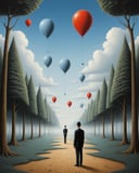 Surrealist art <lora:FF-Style-Rafal-Olbinski.LORA:1> in the style of rafal olbinski,rafal olbinski style,rafal olbinski art,rafal olbinskia man standing in a forest with balloons floating in the air, epic surrealism 8k oil painting, 4 k surrealism, surreal illustration, surreal concept art, dreamlike surrealism, surreal digital art, surreal art, illusion surreal art, surrealism art, surrealism background, surreal painting, surrealism 8k, surrealistic digital artwork, surreal gediminas pranckevicius . Dreamlike, mysterious, provocative, symbolic, intricate, detailed