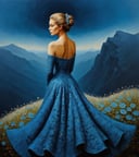 Surrealist art <lora:FF-Style-KAROL-BAK.LORA:0.8> in style of karol bak, painting of a woman, by Teun Hocks, oil painting of a landscape of a Harsh (The Blue Mountains:1.2) , Vibrant blossoms, at Overcast, Indirect light, inspired by karol bak . Dreamlike, mysterious, provocative, symbolic, intricate, detailed