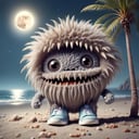 a cute fluffy monster, at a beach,palm tree, wearing nike sneaker,(moonster:1.05),