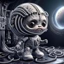 cute cyborg at the spacestation, universe, mechanical parts, electrical cable, biomechanical,horror, wearing nike shoe, by h.r. giger,in (moonster:1.05) style,