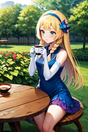 masterpiece, best quality, highres, aalillie, long hair, braid, hairband, hair ornament, hair flower, bare shoulders, blue dress, sleeveless, elbow gloves, white gloves, <lora:lillie_(pokemon)_v1:0.7>, garden, sitting, cup, table, coffee,