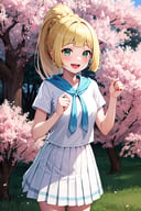 masterpiece, best quality, highres, aalillie, long hair, ponytail, french braid, white shirt, short sleeves, white skirt, pleated skirt, <lora:lillie_(pokemon)_v1:0.7>, standing, cowboy shot, cherry blossoms, smile, open mouth
