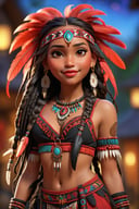 (best quality, 4k, highres, masterpiece:1.2), ultra-detailed, indigenous girl, red black harness, feathers in long dread hair, high heels boots, accessories on arm, beautiful detailed eyes, beautiful detailed lips, ethnic clothing, traditional patterns, graceful posture, subtle smile, vibrant colors, bokeh lighting, portraits, 3D, cartoon