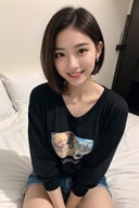 (8k,  best quality,  masterpiece,  ultra high res,  highly detail face:1.3),  portrait,  (20 years old girl:1.3),  beautiful,  kawaii,  (very wide shot :1.2),  (short hair :1.3),  dark hair,  ((bob)),  clothes,  from front,  (smile :1.2), sweat ,  (morning:1.3), on the bed,  jmf,  jml, 