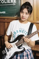 Electric guitar playing, junior high school student with too big, studying in a café, 15 years old, super, saggy breasts, soft, sweat, short hair