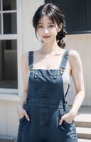 Jukujo,solo,photorealistic,ultra high res,(Random_hairstyle:1.6),(50 years old mature female:1.3),(short and black hair),huge breasts, detail eyes,detail skin,(pale_skin:1.4),smile,
(Denim overall sundress:1.4),milf