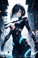 (masterpiece:1.4), (best qualit:1.4), (high resolution:1.4), cowboy shot,1 robot girl,short black hair,bright blue eyes,cyberpunk wire attached to her body, transparent neon in eyes, blue light neon in eyes, metal parts and wire attached to her body, multiple pc, dramatic shadows, dynamic angle, cinematic camera, dynamic pose, dramatic angle, depth of field, glow_ blue_ particle, water particles, chromatic aberration,
