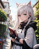 rosmontis, 1girl, animal ears, green eyes, long hair, cat ears, gloves, fingerless gloves, dress, looking at viewer, holding, black gloves, earpiece, grey hair, cat girl, cat tail, white dress, tail, animal ear fluff, holding book, bangs, hood down, closed mouth, hood, cloak, open clothes,
Expressionless, portrait, upper body, standing, garden,
 ,