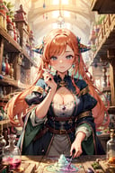 (masterpiece,best quality:1.2),Extremely detailed really cute young ginger woman potion mistress, magic, lots of colorful potions, glowy smoke, tetradic colors, bubly, detailed alchemist room, jrpg, cartoonish vector, volumetric lights, very detailed potions and alchemy laboratory scenery, colorful, dynamic, visually rich, whimsical, fairy tale,