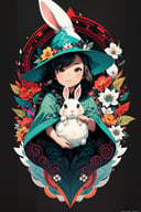 (( Ride on beautifully decorated white giant lagomorph )) , shining eyes , twin braid , black hair , parted bangs, little girl, 15 years old, simple green witch's big hat and green robe, intricate details, 32k digital painting, hyperrealism, (vivid color,abstract background:1.3, colorful:1.3, flowers:1.2, zentangle:1.2, fractal art:1.1) ,High detailed ,