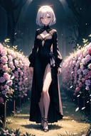 a 30yo woman, detailed face, looking at viewer, (full body shot:1.4), hdr, 8k, detailed eyes, standing in a field of flowers, ,   loraeyes,   AGGA_ST002, bright pupils,    Gothgal, ballgown   fireflies,, chiaroscuro lighting
