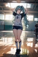 Hatsune Miku, VOLLEYBALL UNIFORM, on floor, legs open, hands behind head, blue hair, cyan eyes, glowing eyes, thick thighs 