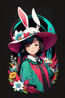 (( Ride on beautifully decorated white giant lagomorph )) , shining eyes , twin braid , black hair , parted bangs, little girl, 15 years old, simple green witch's big hat and green robe, intricate details, 32k digital painting, hyperrealism, (vivid color,abstract background:1.3, colorful:1.3, flowers:1.2, zentangle:1.2, fractal art:1.1) ,High detailed ,
