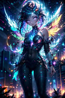 (masterpiece), best quality, high resolution, highly detailed, detailed background, cinematic light, one girl (godness body, multicoloured hair, godness chlotes, big symmetrical wings), background (night, stars, ground of building , lights ),High detailed 