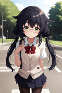 1girl, solo, pantyhose, school uniform, collared shirt, standing, glasses, hair flaps, long hair, twintails, black hair, looking at viewer, teacher, green eyes, petite, outdoors, <lora:waist_size_control_v1.0:1.5>, <lora:hairflap2-000002:1.5>, hair flaps, <lyco:kyoto animation_artstyle_LoCon:0.4>, kyoto animation, anime screencap