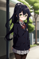 1girl, solo, pantyhose, school uniform, collared shirt, standing, glasses, hair flaps, long hair, ponytail, black hair, looking at viewer, teacher, green eyes, petite, outdoors, <lora:waist_size_control_v1.0:1.5>, <lora:hairflap2-000002:1.5>, hair flaps, <lyco:kyoto animation_artstyle_LoCon:0.4>, kyoto animation, anime screencap